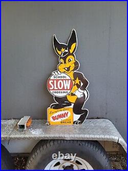 Vintage Bunny Bread Porcelain Sign 30x14 Dbl Sided Bakery Food Rabbit Gas Oil