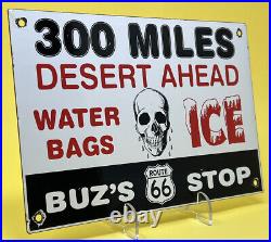 Vintage Buzs Route 66 Porcelain Sign Gas Oil Road Shield Pump Plate Skull Ice