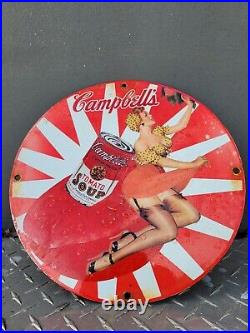 Vintage Campbells Porcelain Sign Soup Can Model Girl Woman Grocery Food Gas Oil
