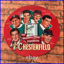 Vintage Chesterfield Cigarettes Porcelain Sign Gas Oil Baseball Ad Pump Plate