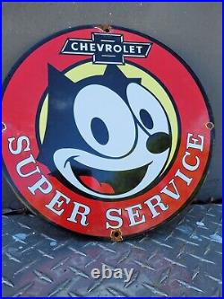 Vintage Chevrolet Porcelain Sign Old Felix The Cat Chevy Super Service Gas Oil