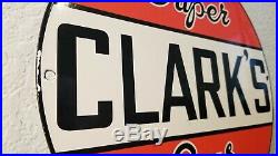 Vintage Clark's Gasoline Porcelain Gas Auto Oil Service Station Pump Plate Sign