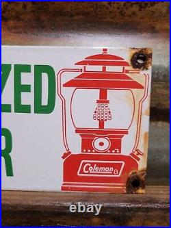 Vintage Coleman Porcelain Sign Camping Lantern Lamp Cabin Lake Smokey Gas Oil