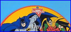 Vintage Conoco Batman Robin Gas Porcelain Gasoline And Oil Comic Pump Plate Sign