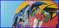 Vintage Conoco Batman Robin Gas Porcelain Gasoline And Oil Comic Pump Plate Sign