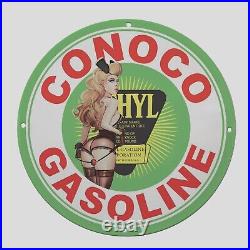 Vintage Conoco Gasoline Oil Green Pinup Girl Porcelain Gas Pump Sign