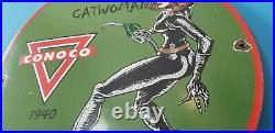 Vintage Conoco Porcelain Catwoman Gasoline Superhero Comic Book Oil Rack Sign