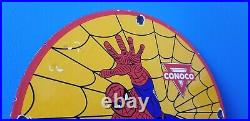Vintage Conoco Porcelain Spider Man Gasoline Superhero Comic Ntane Oil Rack Sign