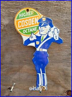Vintage Cosden Porcelain Sign Old Gas Oil Octane Guard Police Man Motor Service