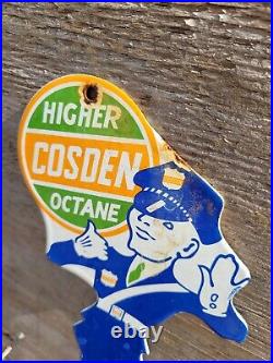 Vintage Cosden Porcelain Sign Old Gas Oil Octane Guard Police Man Motor Service