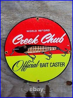 Vintage Creek Chub Porcelain Sign Bait Caster Fishing Lures Tackle Fish Gas Oil
