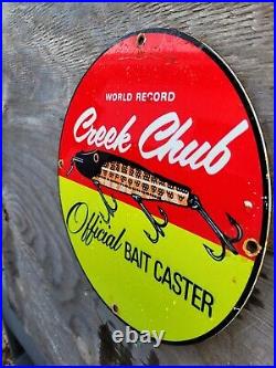 Vintage Creek Chub Porcelain Sign Bait Caster Fishing Lures Tackle Fish Gas Oil