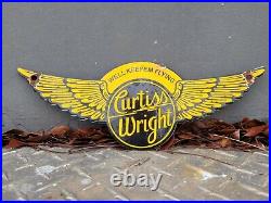 Vintage Curtiss Wright Porcelain Sign Air Plane Aviation Oil Gas Station Service