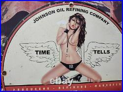 Vintage Dated 1951 Johnson Bronze Gasoline Motor Oil Porcelain Gas Station Sign