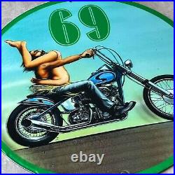 Vintage David Mann Road Art Porcelain Sign Gas Oil 69 Motorcycle Rider Pump Rare