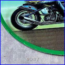 Vintage David Mann Road Art Porcelain Sign Gas Oil 69 Motorcycle Rider Pump Rare