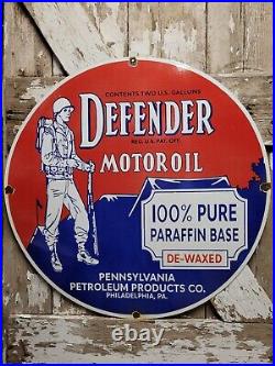 Vintage Defender Motor Oil Porcelain Sign 30 Big Pennsylvania Petroleum Company