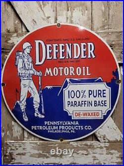 Vintage Defender Motor Oil Porcelain Sign 30 Big Pennsylvania Petroleum Company