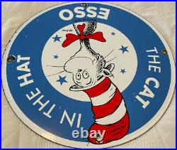 Vintage Dr Seuss Esso Gasoline Porcelain Sign Oil Gas Pump Plate Rare Cat In Hat