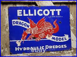 Vintage Ellicott Porcelain Sign Old Dredge Gas Machinery Dragon Factory Service