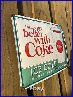 Vintage Enjoy Coca Cola Porcelain Metal Sign Stamped USA Oil Gas Coke
