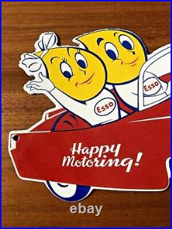 Vintage Esso Boy & Girl Happy Motoring! Porcelain Gas Oil Pump Station Ad Sign