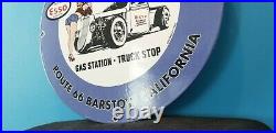 Vintage Esso Gasoline Porcelain Route 66 Eva's Gas Truck Service Pump Plate Sign