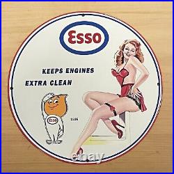 Vintage Esso Porcelain Sign Drop Boy Gasoline Oil Pump Service Station Plate Ad