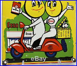 Vintage Esso Porcelain Sign Steel Gas Oil Garage Pump Plate Motor Oil Scooter