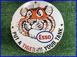 Vintage Esso Porcelain Sign Tiger Power Automotive Gas Station Motor Oil Service