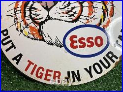 Vintage Esso Porcelain Sign Tiger Power Automotive Gas Station Motor Oil Service