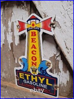 Vintage Ethyl Porcelain Sign Beacon New York Gasoline Oil Service Gas Station