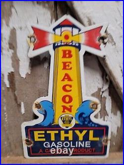 Vintage Ethyl Porcelain Sign Beacon New York Gasoline Oil Service Gas Station