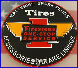 Vintage Firestone One-stop Service Porcelain Sign Tires Spak Plugs Batteries Gas