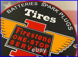 Vintage Firestone One-stop Service Porcelain Sign Tires Spak Plugs Batteries Gas