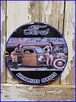 Vintage Ford Porcelain Sign Gas Oil Car Dealer Sales Service Automobile Woman