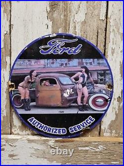 Vintage Ford Porcelain Sign Gas Oil Car Dealer Sales Service Automobile Woman