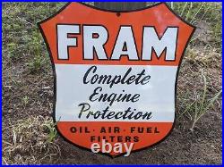 Vintage Fram Oil Air Fuel Filters Porcelain Metal Gas Pump Sign Die Cut