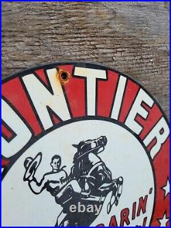 Vintage Frontier Gasoline Porcelain Sign Western Rodeo Cowboy Gas Oil Service