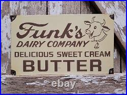 Vintage Funks Porcelain Sign Dairy Farm Milk Butter Sweet Cream Cow Cattle Gas