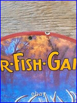 Vintage Fur Fish Game Porcelain Sign Hunting Fishing Gun Gas Oil Ar Harding 12