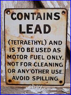 Vintage Gas Pump Porcelain Sign Contains Lead Tetraethyl Warning Gas Oil Station