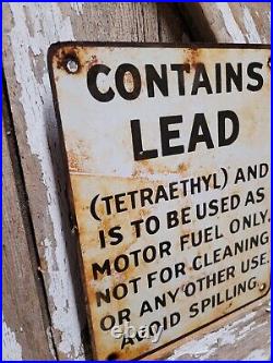 Vintage Gas Pump Porcelain Sign Contains Lead Tetraethyl Warning Gas Oil Station