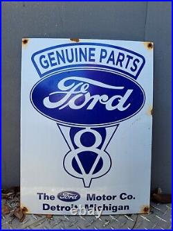 Vintage Genuine Ford Parts Porcelain Sign Old Auto V8 Fomoco Sales Gas Oil