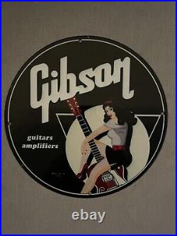 Vintage Gibson 1966 Porcelain Sign Gas Oil Guitar Amplifiers Musical Band Pump