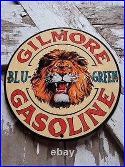 Vintage Gilmore Porcelain Sign Oil Blu Green Gas Station Service Pump Plate Lion