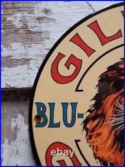 Vintage Gilmore Porcelain Sign Oil Blu Green Gas Station Service Pump Plate Lion