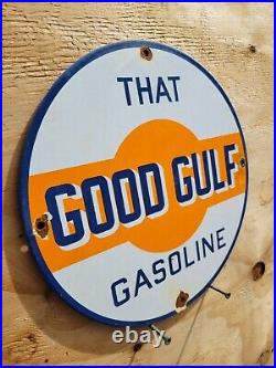 Vintage Good Gulf Porcelain Sign Gasoline Gas Pump Plate Motor Oil Texas Repair