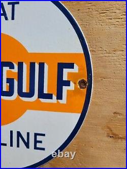 Vintage Good Gulf Porcelain Sign Gasoline Gas Pump Plate Motor Oil Texas Repair