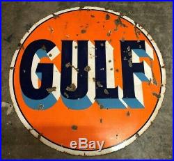 Vintage Gulf 42 Metal Sign Antique Double Sided Garage Man Cave Porcelain